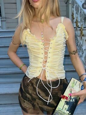 PrettyLittleThing Pale Yellow Lace-Up Ruched Cami